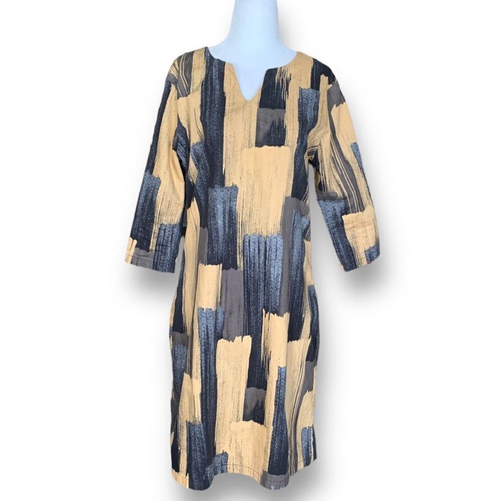 SBJ Austin Tunic Dress Beige Black Abstract Design Three Quarter Length Sleeve